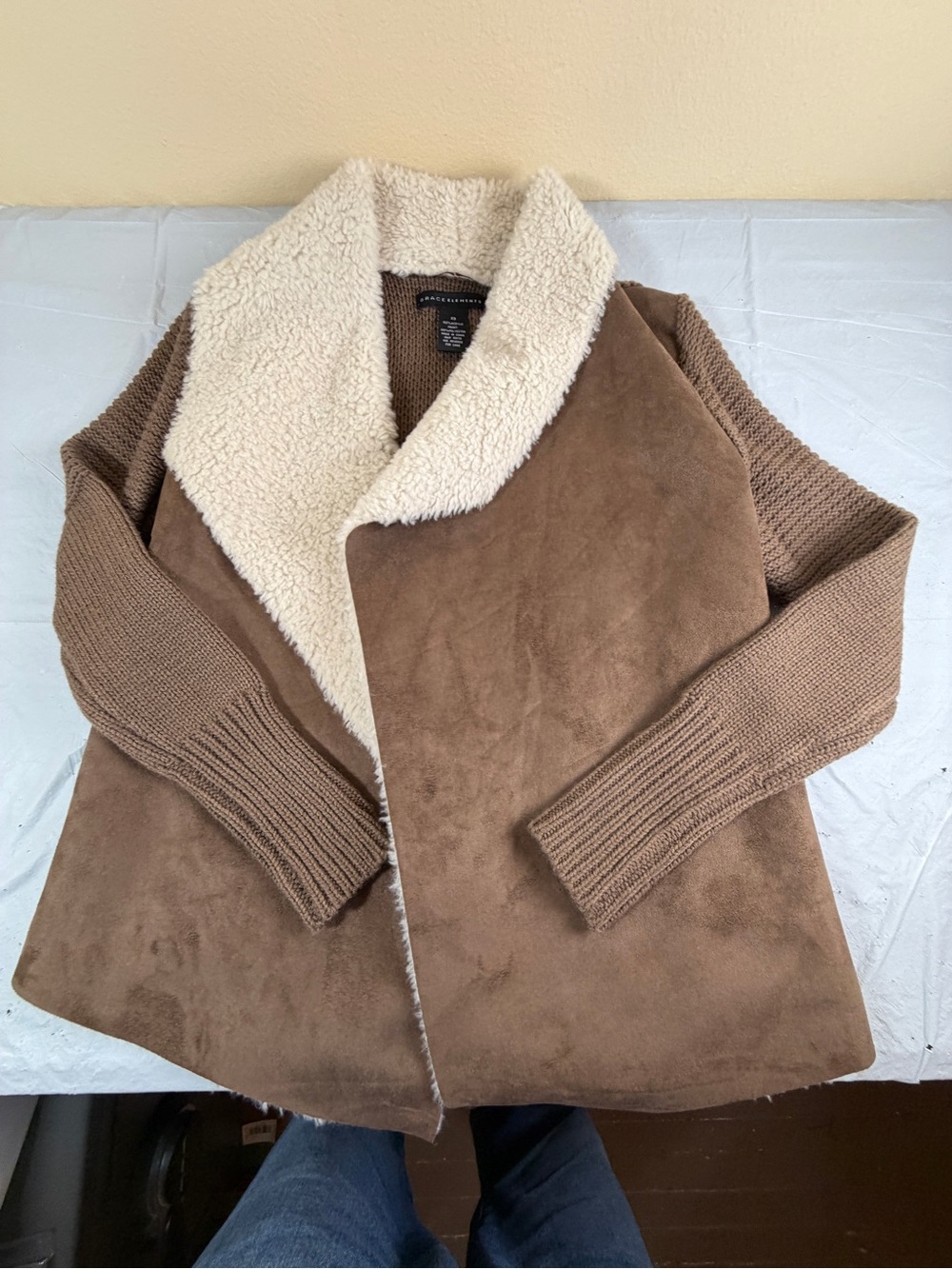 Grace Elements Tan-Brown Faux Suede Teddy Jacket with Cream Sherpa Collar